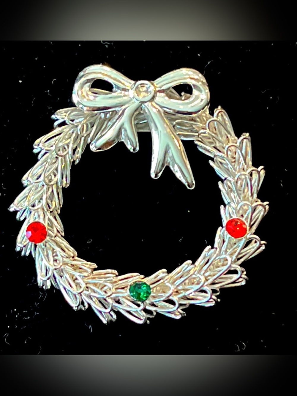 Silver Tone Holiday Wreath Brooch with Red and Green Accents